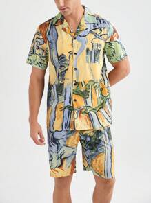 Men's Summer Random Print Short Sleeve Shorts Home Wear Set - Yellow - View 4