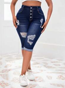 SHEIN SXY Plus Size Distressed Cropped Jeans With Frayed Hem And Whiskering - Navy Blue - View 1