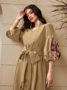 Mulvari Đầm mùa hè tay dài in hoa cổ chữ V thanh lịch dành cho nữ - Màu Khaki - Xem 4