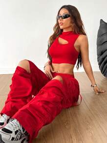 Coolane Set de 2 piezas de top sin espalda asimétrico y pantalón cargo fruncido tipo streetwear de baloncesto para mujer