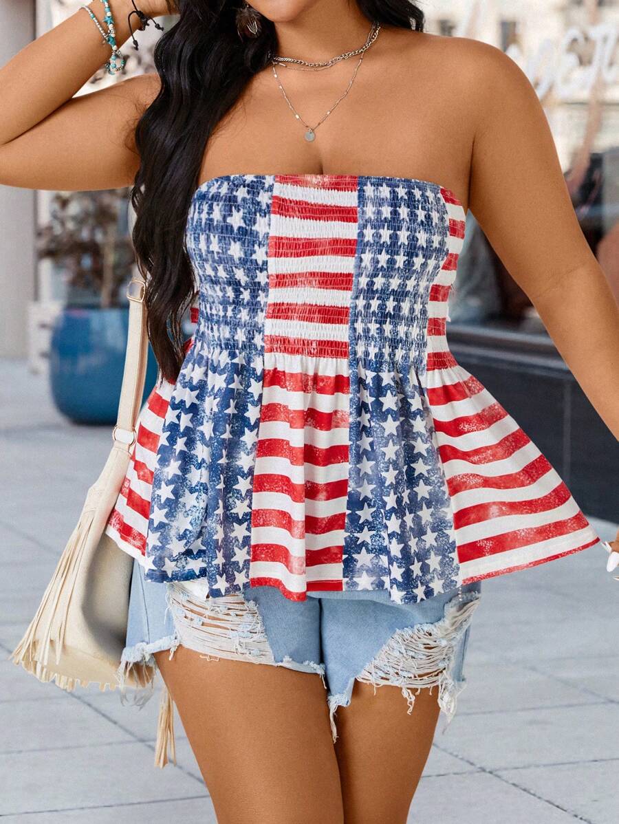 SHEIN LUNE Plus Size Women's Simple Printed Tube Top Everyday Shirt - Multicolor - View 1