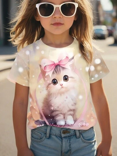 SHEIN Young Girl Tie-Dye Cat T-Shirt And Casual Basic Round Neck Short Sleeve T-Shirt, Suitable For Summer