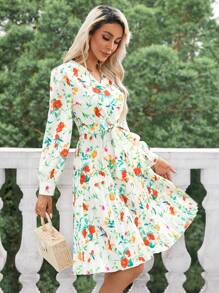 SHEIN Privé Vestido Feminino de Manga Longa com Decote em V e Estampa Aleatória com Plissado - Multicolorido - Ver 4