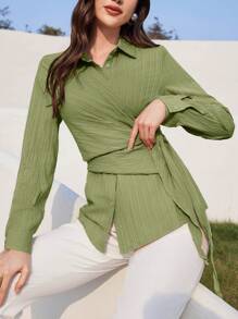 Mulvari 女士休閒純色交叉綁帶長袖襯衫，春季 - 綠色 - 查看 5
