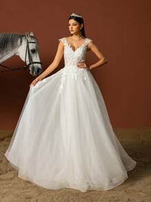 HEARBOBO Elegant Boho Long A-Line With Appliques And Deep V Neck WhiteWedding Dresses For Bride - White - View 5