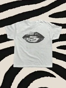 SHEIN EZwear 休闲简约灰色唇印白色圆领短袖修身露脐女式T恤，棉混纺面料，适合夏季穿着 - 白色 - 查看 3