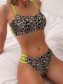 SHEIN Swim Bộ bikini họa tiết da báo 2 mảnh cho nữ, phong cách nghỉ dưỡng bãi biển mùa hè - Màu vàng - Xem 1