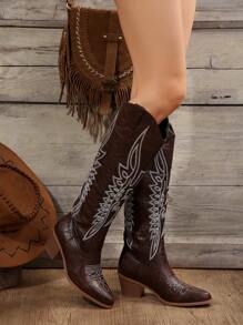 FVPFVP Fall/Winter Embroidery Boots 2024 New European And American Style Retro Knee-High Cowgirl Boots For Women With Thick Heels And Height Increase, Cowboy Boots For Women,Western Style - Coffee Brown - View 6