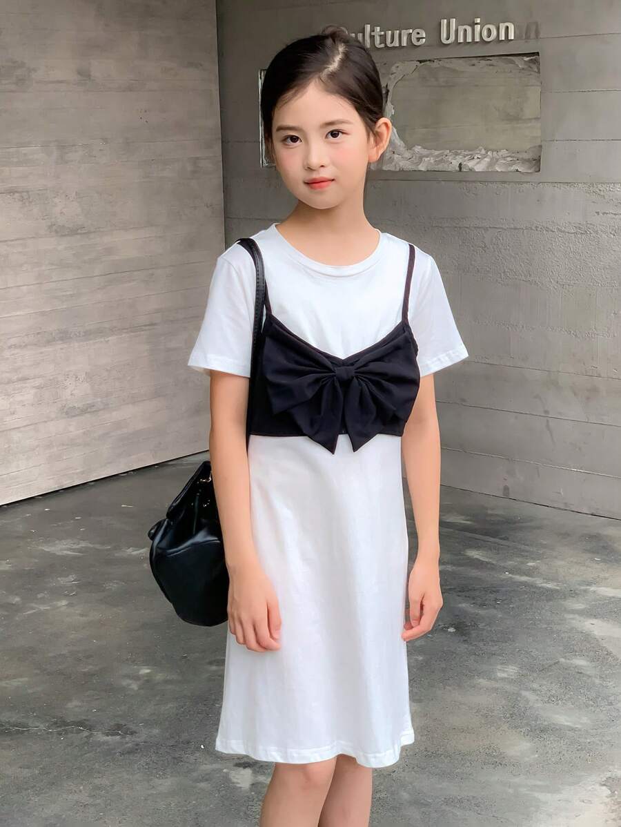 Vestido informal tipo camiseta de manga corta con bloqueo de color y nudo delantero, 2 en 1 para niña preadolescente