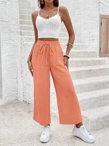 SHEIN Frenchy Summer Elegant 2pcs White Hollow Out Embroidered Camisole Top And Orange Knotted Long Pants Set - Coral Orange - View 5