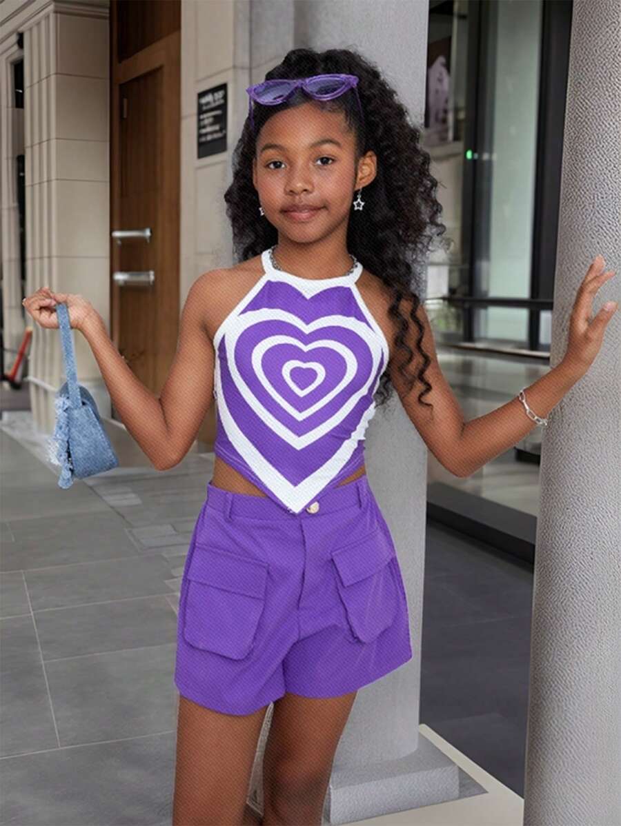 SHEIN Conjunto de tank top y shorts rectos de punto para niña preadolescente con estilo urbano y fresco, primavera/verano