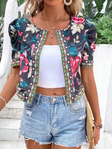 Breezaya 女式夏日假期熱帶植物印花短袖蓬蓬袖開襟外套 - 彩色 - 查看 6