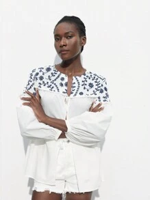 Maija Women's Stylish White Floral Printed Long Sleeve Shirt - White - View 2