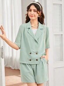 SHEIN Débardeur tricoté pour fille adolescente, et veste de style blazer décontractée élégante de couleur verte claire avec short, ensemble de 3 pièces - Vert - Voir 1