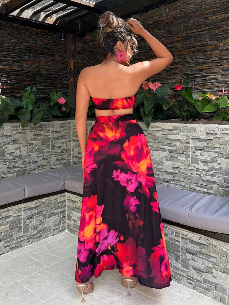 Women's Summer Holiday Floral Printed Front Tied Tube Top And Long Midi Skirt Set Holiday Sexy Summer Beach Vacation Boho Women Outfit Pride Clothes Western Wear Birthday Outfit Bachelorette Party Concert Club
