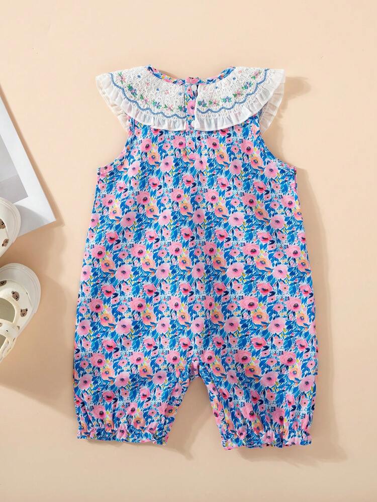 Baby Girl Casual/ Vacation Style Floral Embroidered Sleeveless Jumpsuit, Summer