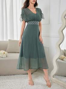 Modelyn Women's Elegant & Simple Mesh Daily Wear Dress,Elegant Evening Party Dress Long Evening Dresses - Green - View 5
