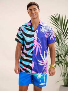 Manfinity VCAY Camisa casual de manga corta con estampado de plantas tropicales para hombre, para el verano