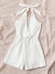 Soleia WYWH Women's Vacation Style White Textured V-Neck Front, Criss-Cross Back Bow Romper, Versatile Beach/Music Festival Summer Outfit, Bohemian