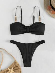 SHEIN Swim Women's Solid Color Ruffle Bikini Set For Summer Beach, With Special Fabric - Black - View 1