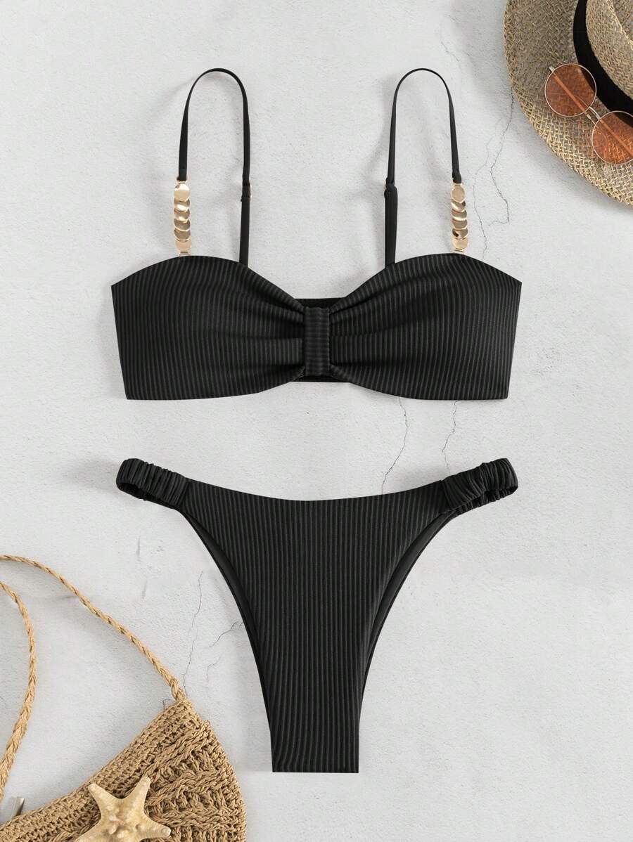 SHEIN Swim Women's Solid Color Ruffle Bikini Set For Summer Beach, With Special Fabric - Black - View 1