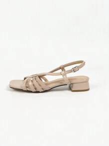 Women's Elegant Style Hollow Back Strap Buckle Square Toe Low Heel Sandals, Comfortable & Breathable Anti-Skid Rome Flat Sandals, Suitable For Any Outfit