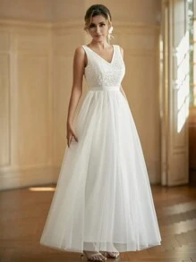 LVNES 女士 A 字型简约婚纱 V 领薄纱无袖复古婚纱 - 白色 - 查看 4