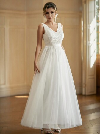 Suknie ślubne damskie LVNES w kształcie litery A, proste, z dekoltem w serek, z tiulu, bez rękawów, w stylu vintage