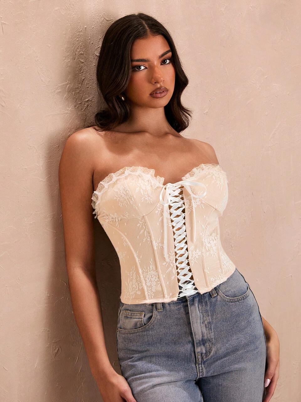 Summer White Lace Strap Detail Sexy Bandeau Women's Top