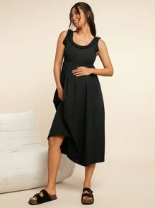 SHEIN 孕妇优雅荷叶边圆领中长款合身编织孕妇连衣裙，休闲家居服 - 黑色 - 查看 5