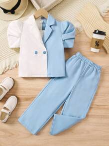 Cô gái trẻ 3 chiếc áo thun ngắn tay dệt kim khối màu có cổ bẻ, quần âu dệt kim màu trơn và áo ba lỗ dệt kim màu trơn - Xanh và trắng - Xem 1