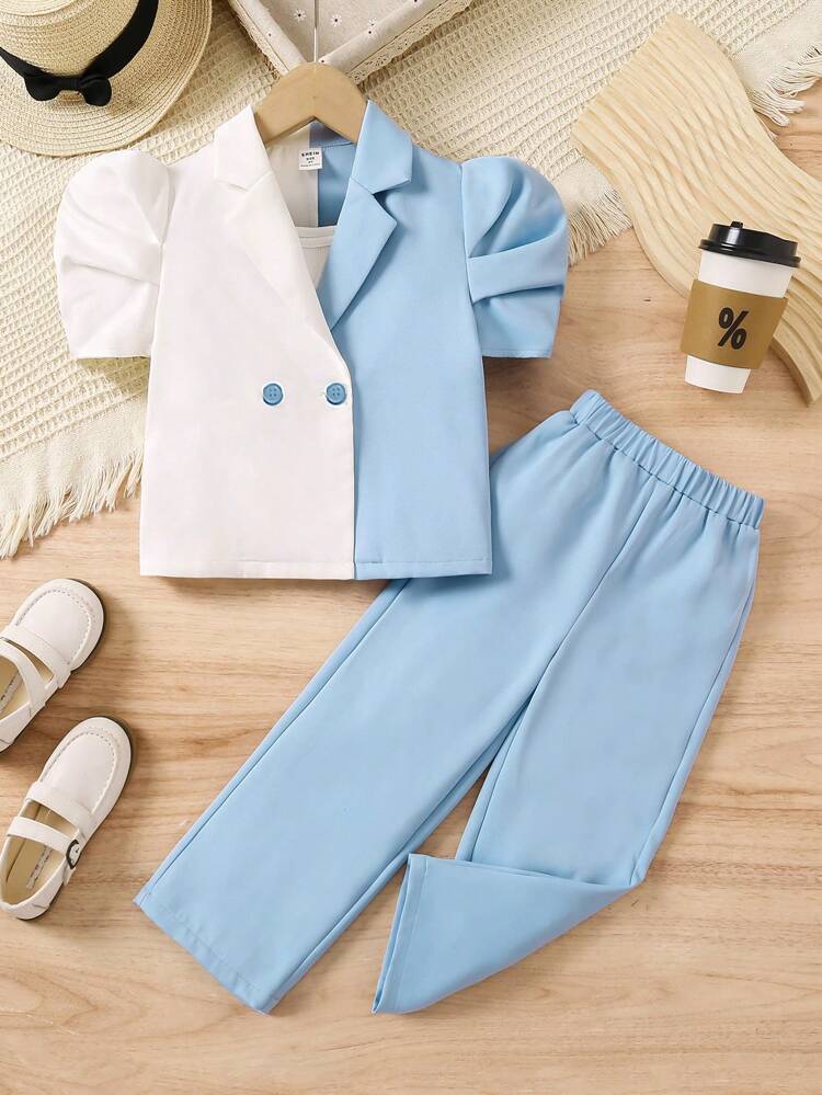 Young Girl 3pcs Color-Block Knit Short Sleeve Top With Turn-Down Collar, Knit Solid Color Casual Pants And Knitted Solid Color Tank Top