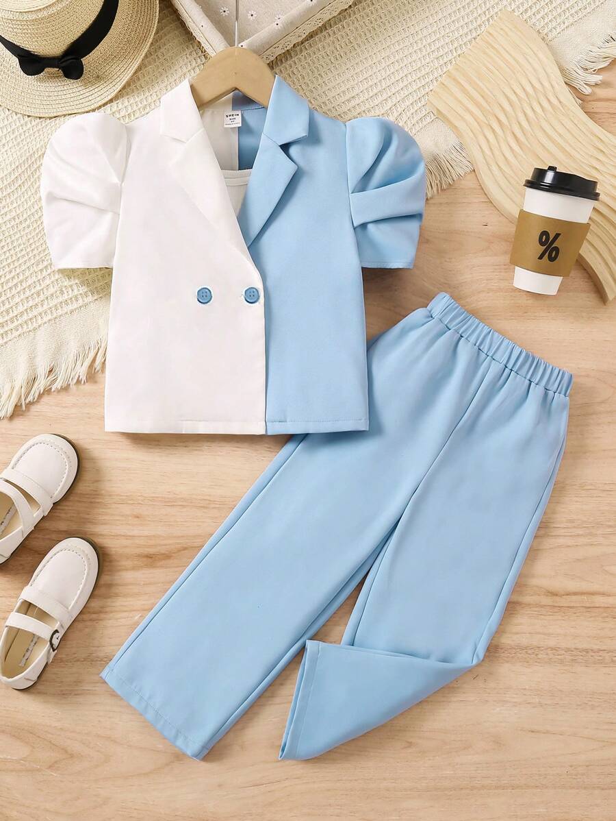 Cô gái trẻ 3 chiếc áo thun ngắn tay dệt kim khối màu có cổ bẻ, quần âu dệt kim màu trơn và áo ba lỗ dệt kim màu trơn - Xanh và trắng - Xem 1