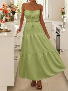Breezaya Women's Summer Solid Color Multi-Layer Ruffle Hem Backless Tie Strap Maxi Slip Dress - Green - View 4