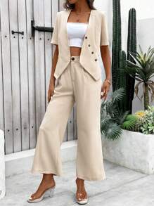 Chiquease Ladies' Summer Solid Color V-Neck Single-Breasted Short Sleeve Suit Jacket And Pants, Everyday Commuter Suit Set - Apricot - View 3