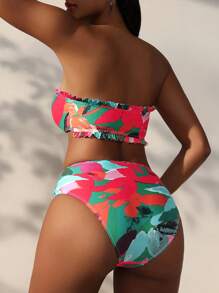 SHEIN Swim Bãi biển mùa hè dành cho nữ nhiệt đới Bộ bikini in họa tiết Ruffle Bandeau với phần dưới gợi cảm - Nhiều màu - Xem 2