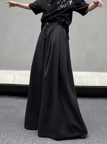 Manfinity Roghcode 男士纯色简约日常款阔腿裤，纯色街头潮流长款超大黑色裤子，适合送给老公、男朋友的礼物，适合秋季 - 黑色 - 查看 5