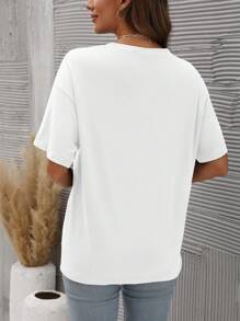 SHEIN LUNE Camiseta casual de manga corta holgada con cuello redondo, estampado de sombrero con eslogan de verano para mujer