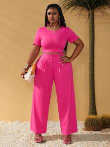 Maweii Große Größen Set aus einfarbigem Rundhals-Kurzarm-T-Shirt und langen Hosen für den Sommer, lässig, zweiteilig