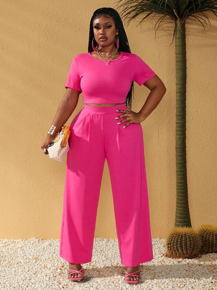 Plus Size Plain Round Neck Short Sleeve T-Shirt And Long Pants Casual Summer Two-Piece Set