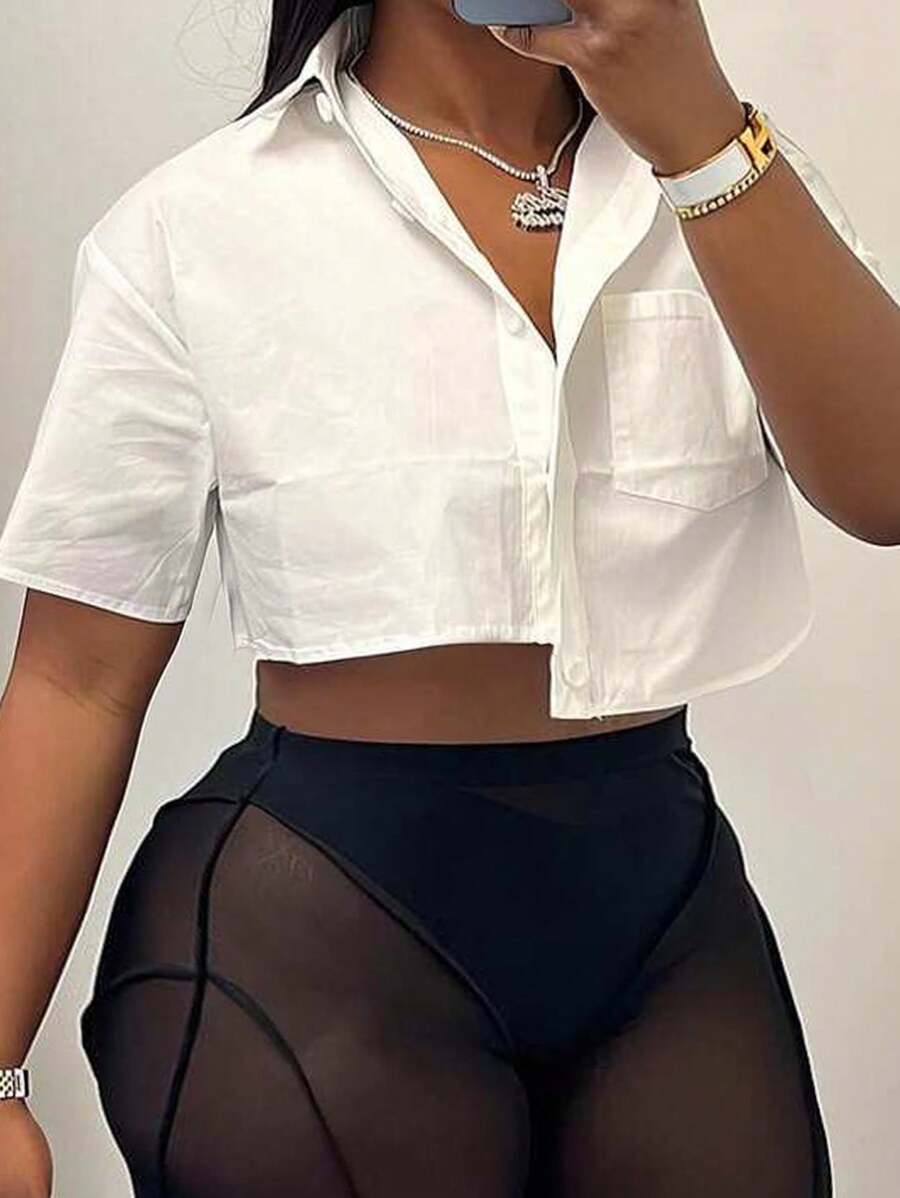 Slaydiva Plus Size Women Streetwear & Partywear White Shirt, Short Sleeve Asymmetrical Hem With Pockets, Spring & Summer
