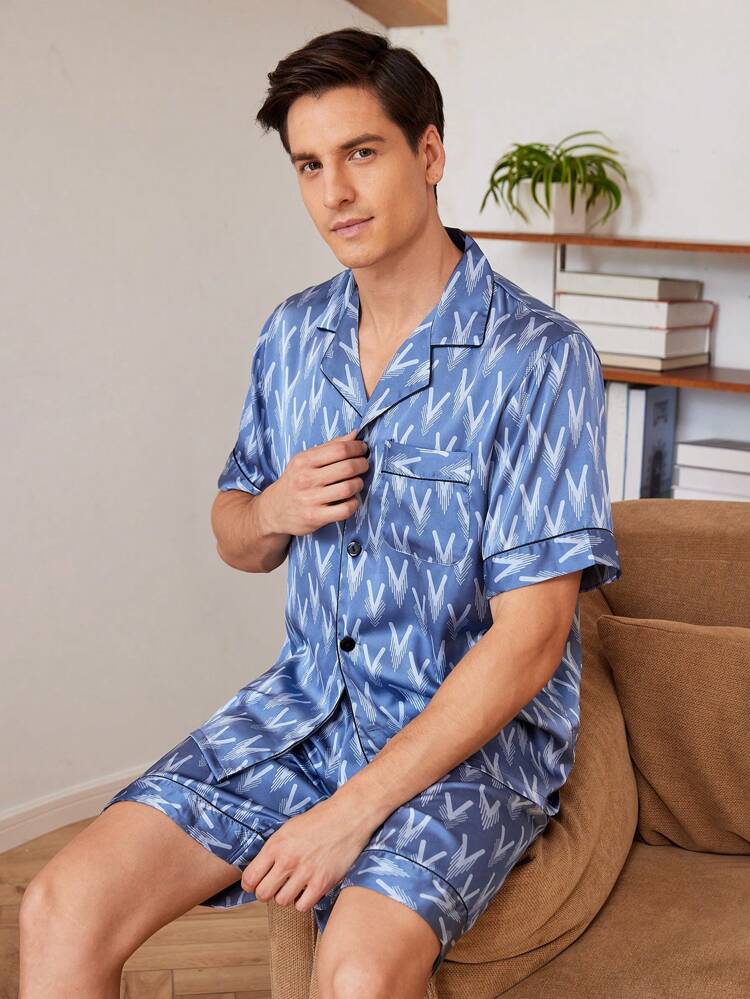 Men's Summer Letter Print Single Breasted Short Sleeve Top And Shorts Homewear Set