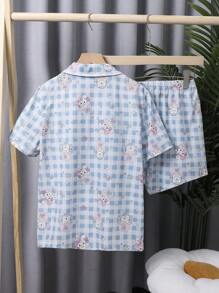 少女簡單可愛動物印花短褲和短袖休閒2入組家居服套裝 - 彩色 - 查看 2