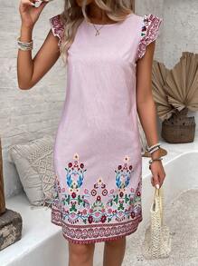 EMERY ROSE Fashionable Women's Printed Chiffon Flutter Sleeve Dress - Burgundy - View 4