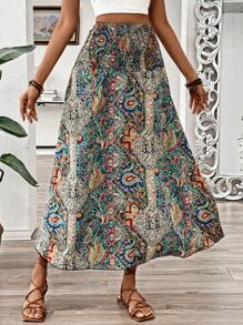 Breezaya Summer Vacation Bohemian Style Vintage Printed High Waist Skirt For Women - Multicolor - View 3