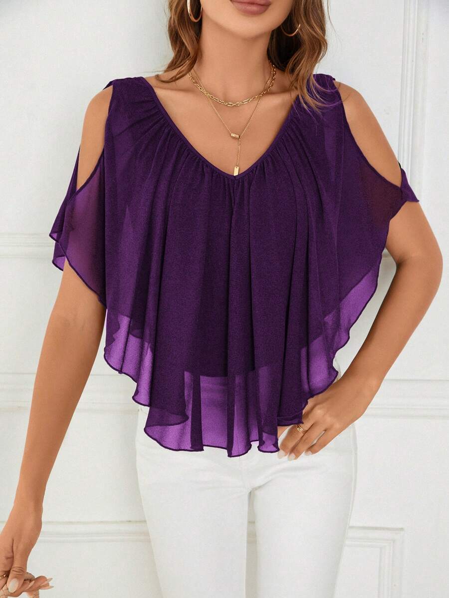 SHEIN Clasi Camiseta de mujer de verano con hombros descubiertos y dobladillo asimétrico con ribete de volantes en unicolor - Morado - Ver 1