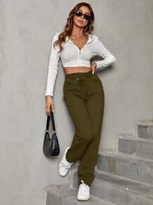 SHEIN Frenchy 女士實色簡約日常穿著牛仔褲 - 軍綠色 - 查看 7