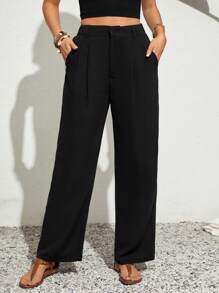 SHEIN VCAY Solid Color Elastic Waist Belt Pocketed Casual Straight-Leg Pants - Black - View 3