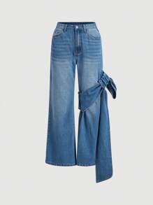 SHEIN MOD 女款寬鬆修身鬆緊腰寬腿休閒牛仔褲，前扣綁帶細節和口袋 - 淺色水洗藍 - 查看 1