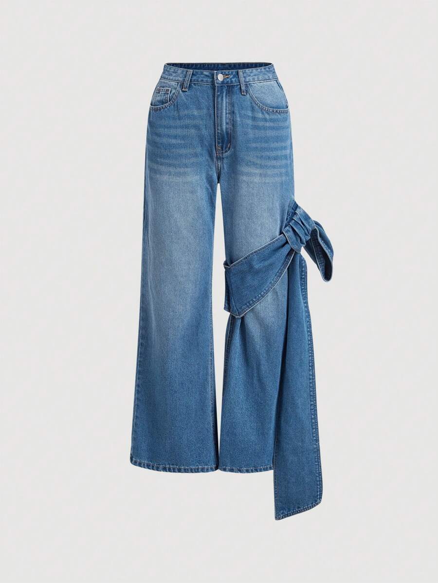 SHEIN MOD 女款寬鬆修身鬆緊腰寬腿休閒牛仔褲，前扣綁帶細節和口袋 - 淺色水洗藍 - 查看 1